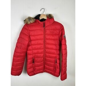 Canadian Peak Women's Size 10 Red Fur Trim Hooded Puffer Jacket Coat Canada